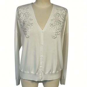 Ivory Women’s Beaded Sequin Mesh Button Front Classic Cardigan Sweater Sz XXL